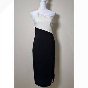 Likely Black White One Shoulder Midi Dress Slit Elegant Cocktail Party
